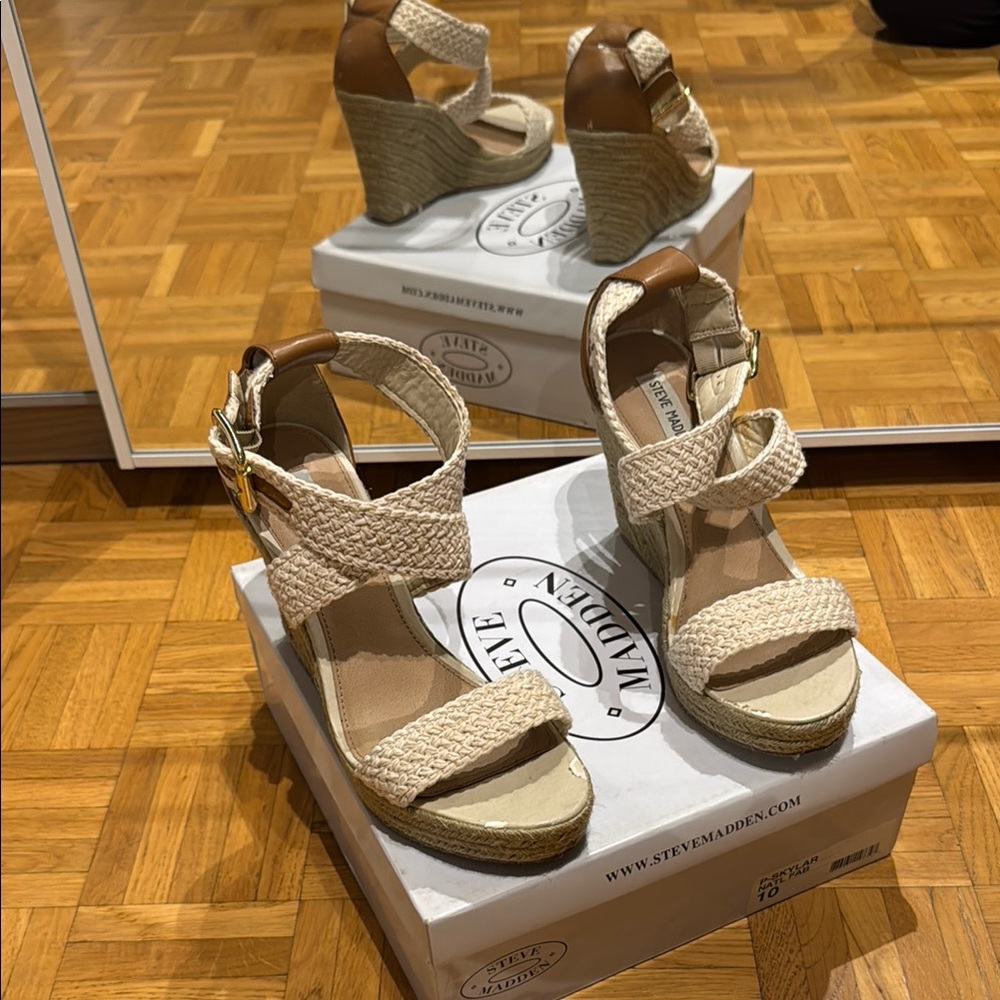 Steve Madden Cream and Brown Skylar Wedges with Ankle Strap